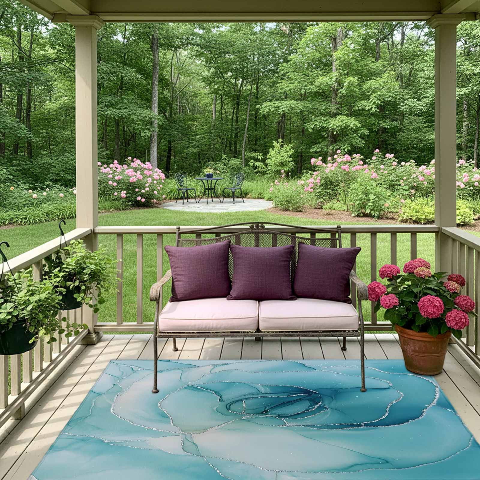 Outdoor Rug 5x8ft Abstract Ombre Blue Flowers Large Area Rug Modern Art Indoor Outdoor Carpet Outdoor Rugs Mats for Patio Camping,RV,Front Door, Outside Decor