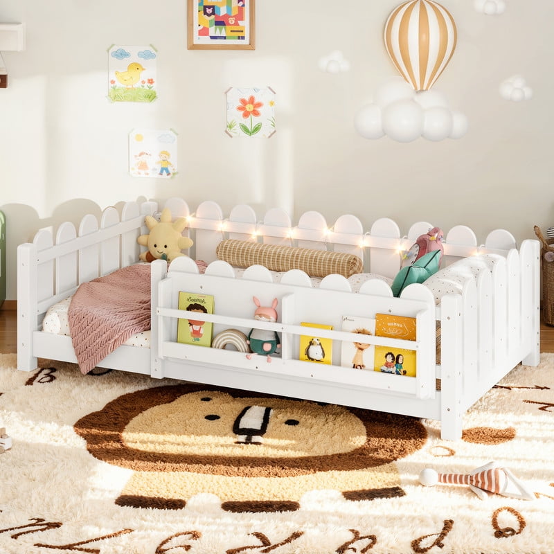 Bellemave Twin Size Floor Bed with Bookshelf and LED Lights, Wood Montessori Bed Frame with Cute Safety Guardrails & Wood Slats Support for Kids Boys Girls, No Box Spring Needed, White