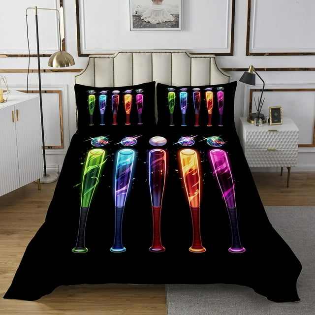 Baseball Bat Quilt Set European Sports Ball Coverlet Set,Softball Bedspread Set Twin,Glitter Neon Design Quilted Competitive Game Room Decor