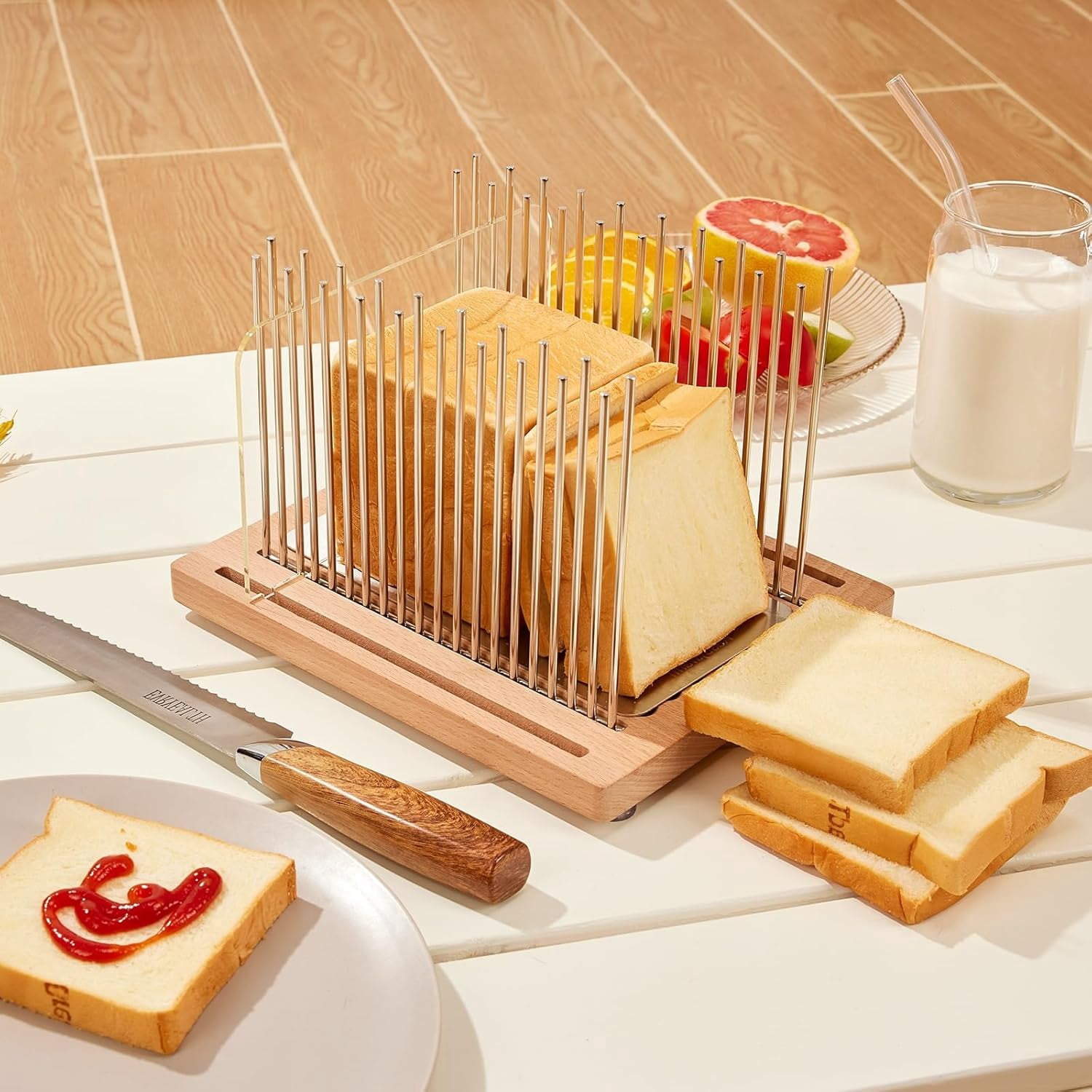 Bread Slicer, Stainless  Bread Slicer for Homemade Bread,Adjustable Bread Slicing Guide with Beechwood Bread  Board for Loaf,Bagels & Baguette, Durable and  Wooden Structure