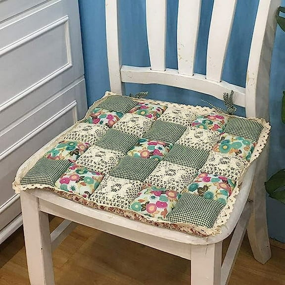 Firefly Hope 16"x16" Patchwork Chair Pad with Ties, Non-Slip Chair Cushion with Lace Trim, Farmhouse Floral Print for Kitchen Dining Seat, Green G