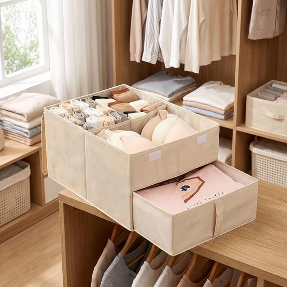 Sock Underwear Drawer Divider - Closet Organizers and Dresser Organizer Wardrobe Clothes Box Storage Bins with Lid for Bra, Leggings, Shirt, Panty (1 Pack,Beige)