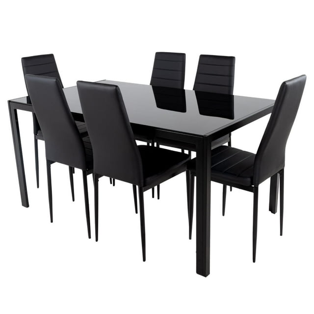 Juego de Comedor Moderno Mesa Con 6 Sillas Estructura Metalica Vidrio Templado Kingshouse negro