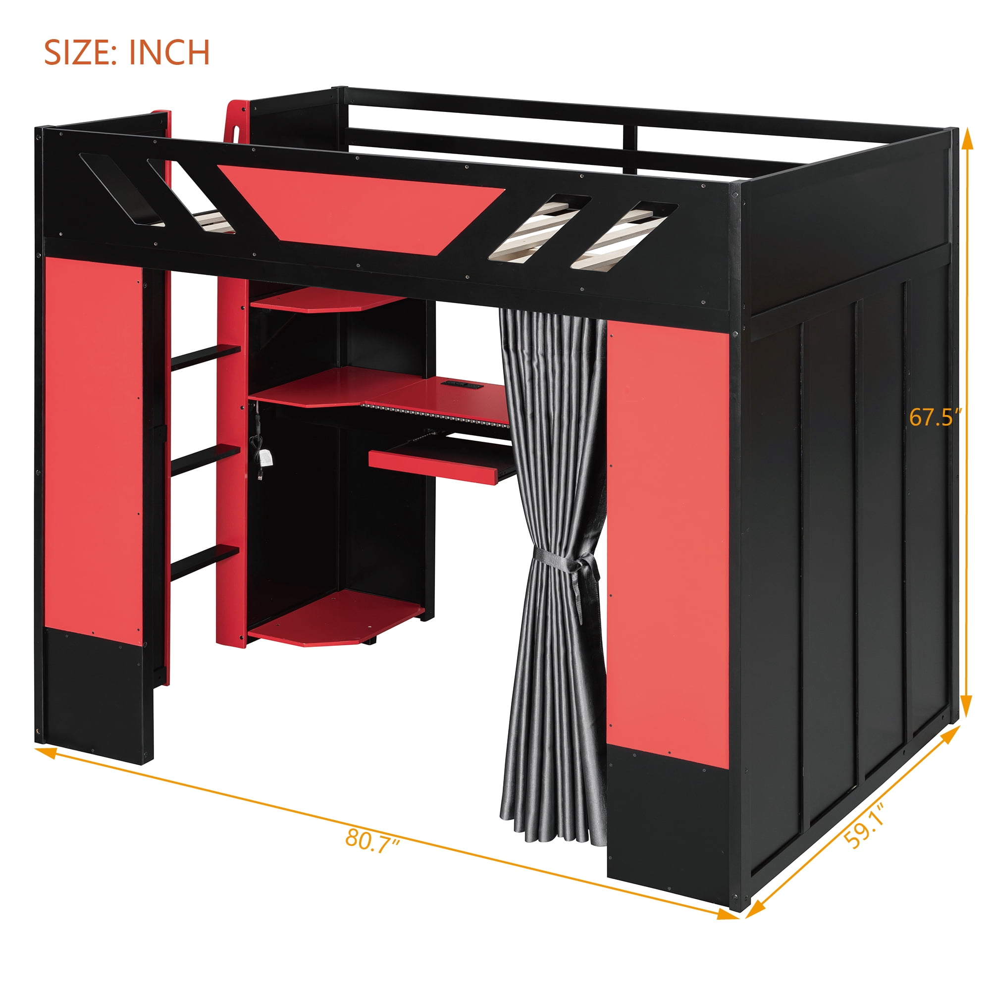 Mintazer Full Size Loft Bed with RGB Light & Desk, Cool Gaming Bed with Blackout Curtains & Storage Shelves for Dorm, Apartment, Black & Red