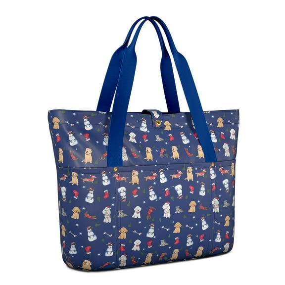 Tote Bag for Women - Dark Blue Christmas Dog and Snowman Pattern Shoulder Bag - Large Utility Work Duffle Bag with Zipper Handbag for Travel, Work, Sprots