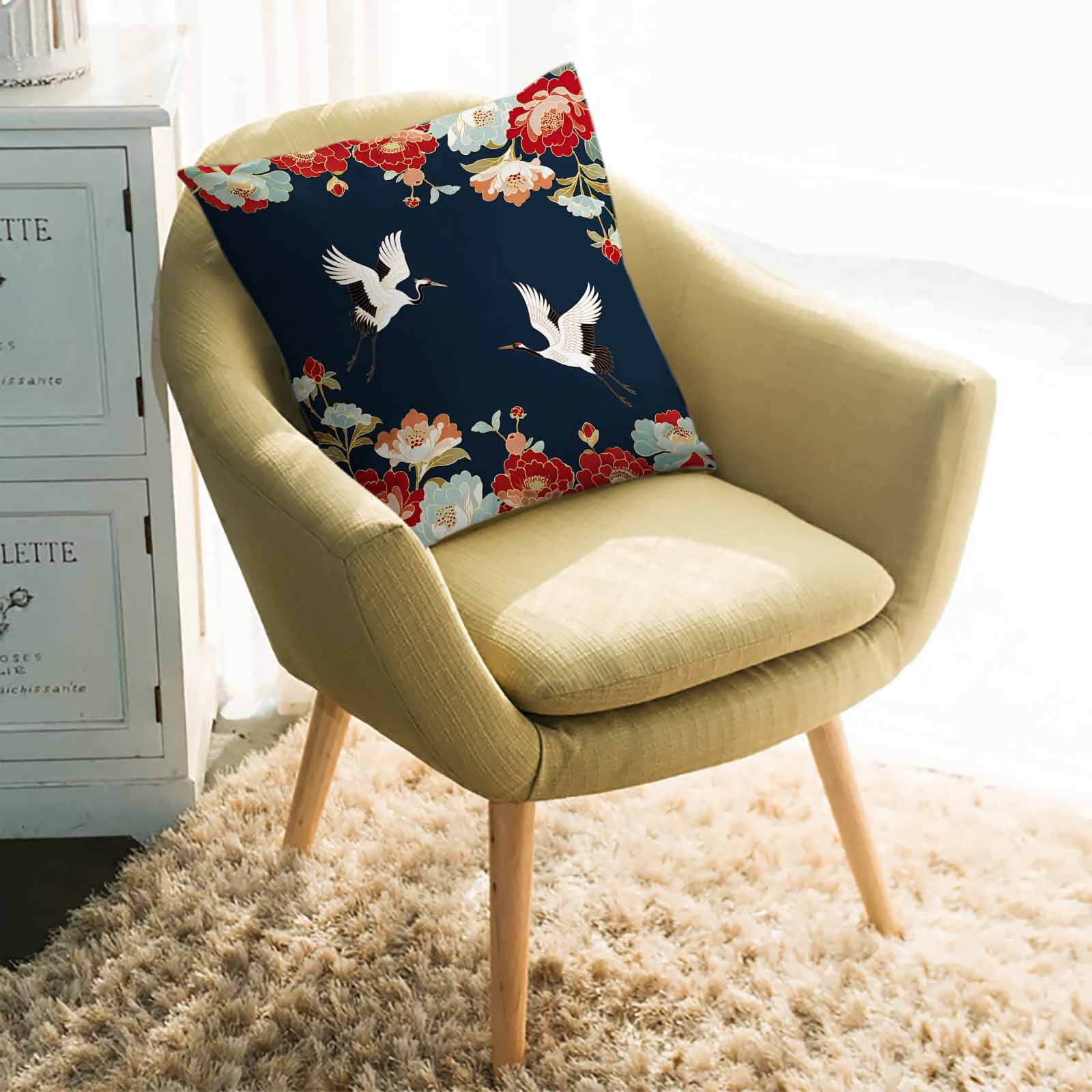 Throw Pillow Covers 26x26 Inch, Navy Blue Crane Decorative Pillow Cases for Couch Sofa Bed, Vintage Red Teal Spring Floral Botanical Cotton Linen Square Home Decor Pillowcases with Hidden Zipper