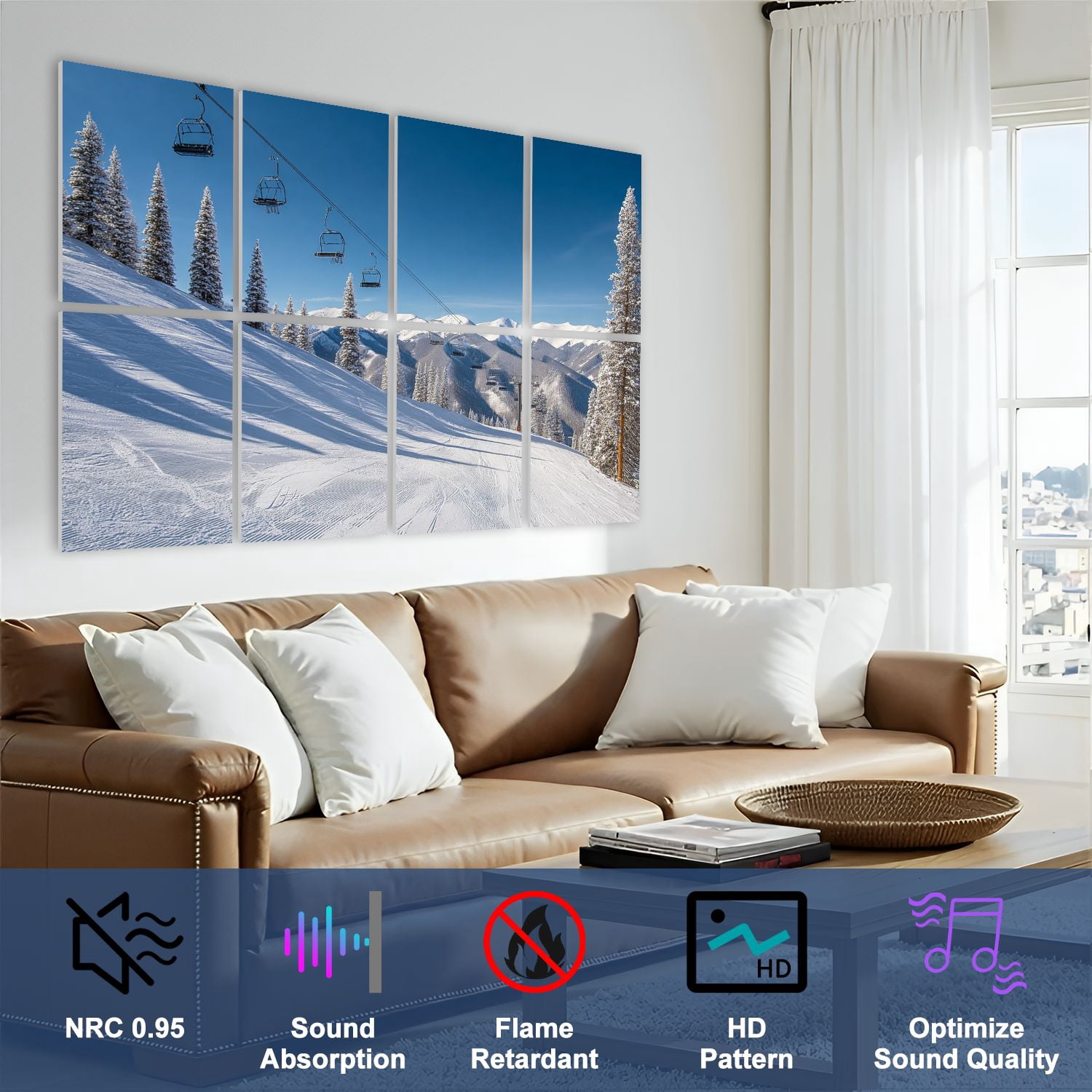 8 Pack Art Acoustic Panels Sound Absorbing Ski Lifts Back Bowls Decorative Soundproof Wall Panels Self Adhesive for Nursery Game Room Bedroom 48"x32"
