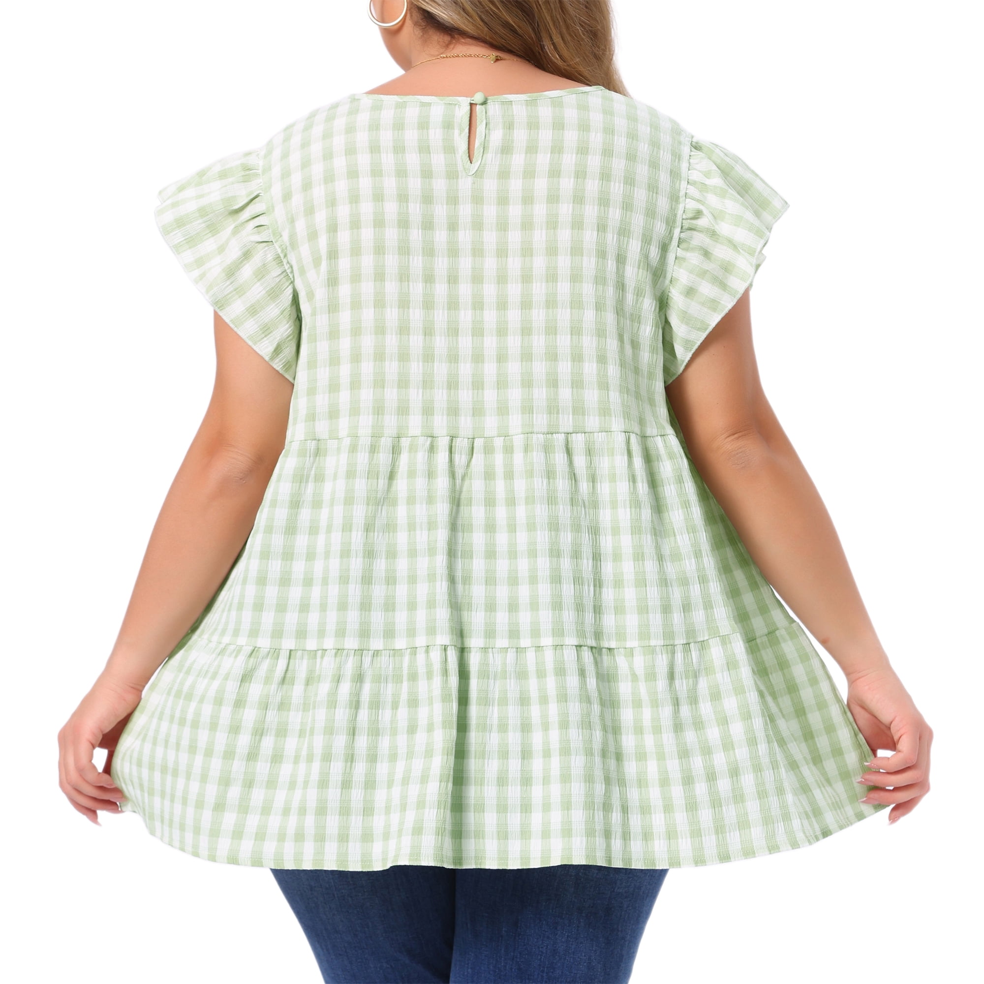 DARING DIVA Women's Plus Women's Gingham Top 1950s Crew Neck Flare  Blouse 2X Green