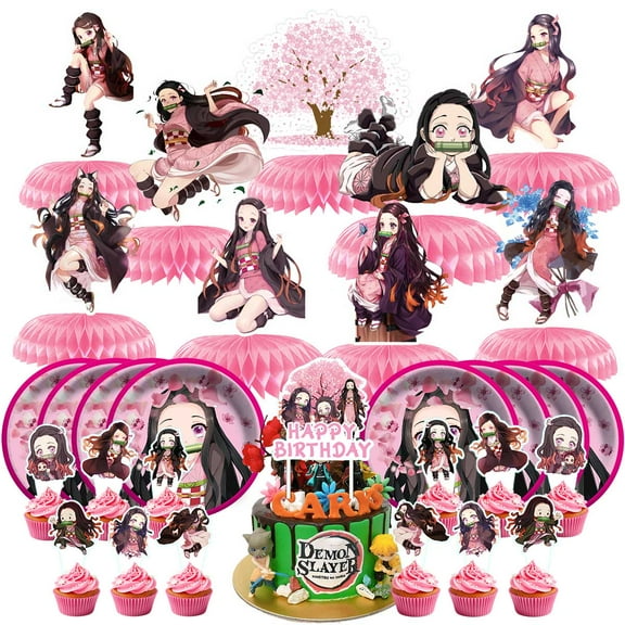 Demon Slayer Girl Nezuko Party Supplies Decor Plates Fans Decorations Honeycomb Centerpieces Cake Toppers