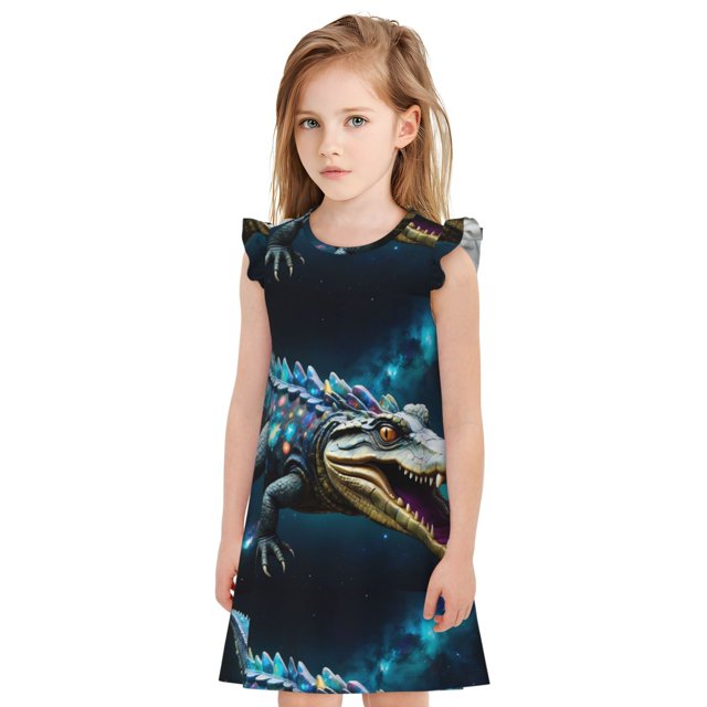 Fotbe Starry Sky Colorful Crocodile Vestido de Dormir para Niñas de 3 a 10 Años, Mangas Cortas, Estilo Princesa, Pijama Camisón con Mangas Voladas-Small
