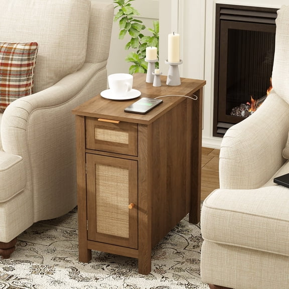 PieDle Farmhouse Rattan End Table with Charging Station, Narrow Side Table for Living Room, Bedside Table with Drawer and Storage Cabinet, Adjustable Shelf Nightstand