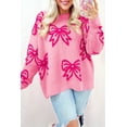 thumbnail image 2 of Women's Pink Bow Pattern Drop Shoulder Loose Fit Sweater - Cozy Winter Knit | [ZhiHiMeRi] | (US 12-14)L, 2 of 12