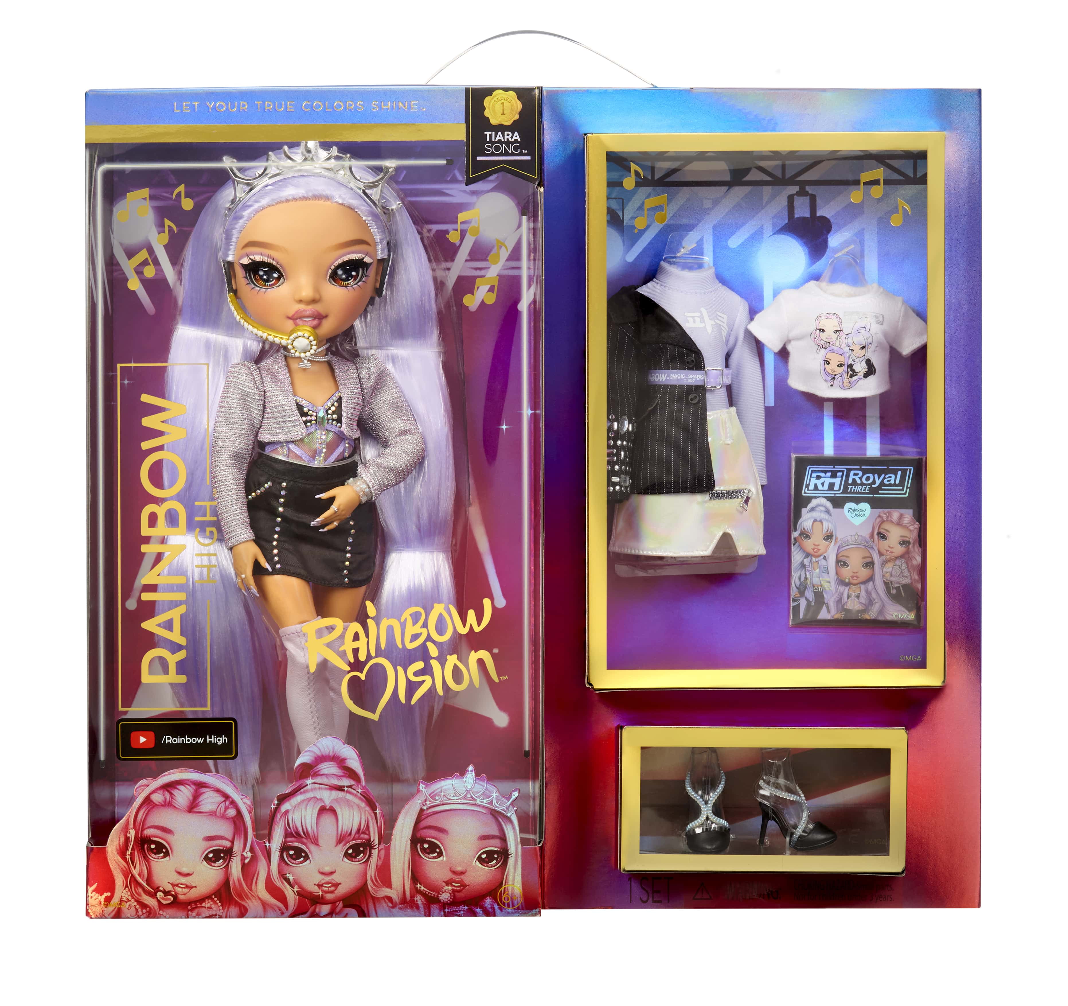 Rainbow High Rainbow Vision Royal Three K-pop  Tiara Song (Purple Lilac) Fashion Doll. 2 Designer Outfits to Mix & Match with Microphone Headset & Band Merch PLAYSET, Great Gift for Kids 6-12 Year