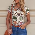 thumbnail image 6 of KLL Women 's Crew Neck Bodysuit Jumpsuits Vintage Coffee Print Short onesies Stretch T Shirts, 6 of 7