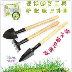 3Pcs Mini Hand Garden Tool Set Plant Head Metal Handle Wood Trowel Rake Spade 