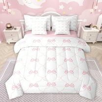 jejeloiu Chic Bowtie Bowknot 7-Piece Bedding Comforter Set,Cute Bow King Bedding Sets,Pink White Bed Sheets For Girls,Luxury Bedroom Decor Reversible