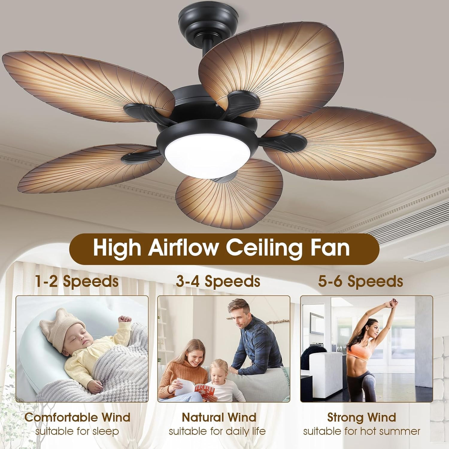 YIOSI 44″ Tropical Palm Leaf Ceiling Fan with Dimmable LED Lights, Remote & Smartphone App Control, 6 Speeds, Reversible Quiet Motor, Indoor/Outdoor