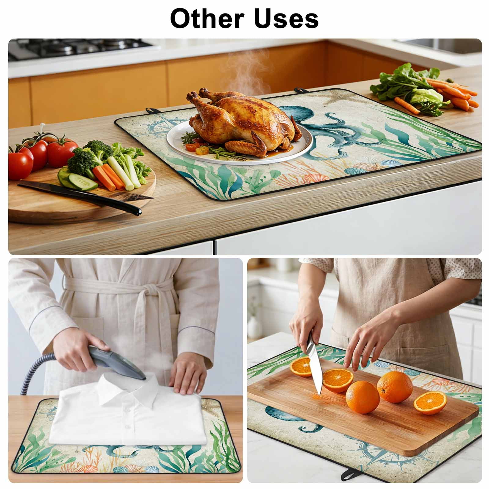 Octopus Coastal Stove Top Cover for Electric Stove, Heat-proof & Non Slip Glass Top Stove Cover Protector, Vintage Nautical Ocean Starfish Compass Kitchen Flat Cooktop Rubber Mat 24x21 Inches