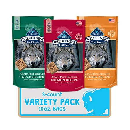 Blue Buffalo Wilderness Trail Treats High Protein Grain Free Crunchy Dog Treats Biscuits  Duck  Turkey  Salmon Recipes 10-oz Variety Pack  3Ct