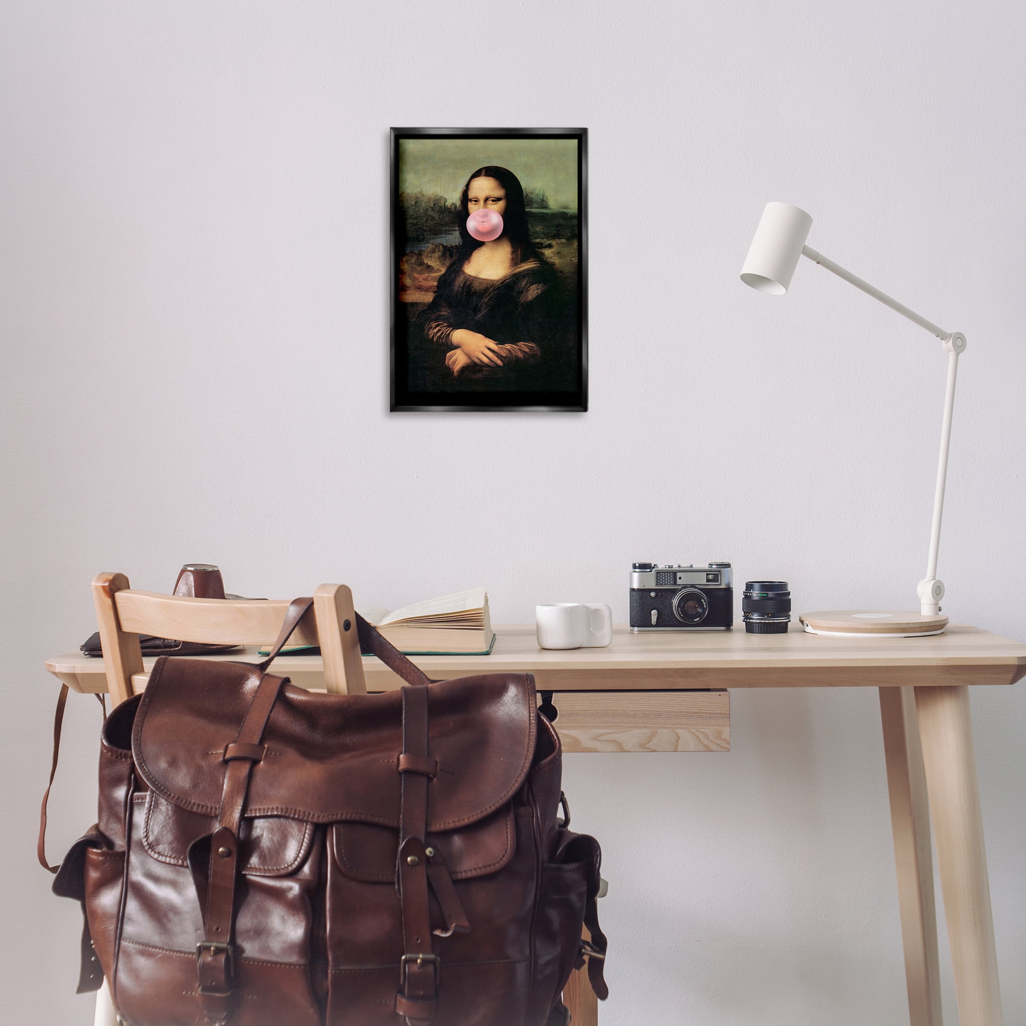 Stupell Industries Mona Lisa & Bubblegum Novelty & Humor Painting Black Floater Framed Canvas Art Print Wall Art, 17 x 25