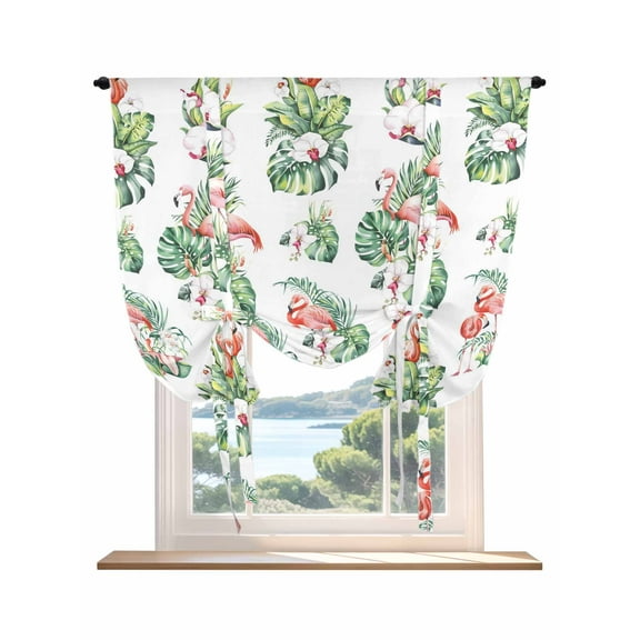 Palm Leaves Tie Up Curtains for Windows 45 Inch Length Balloon Curtains Kitchen Adjustable Balloon Window Shade Tropical Flamingo Summer Green Flower Tie Up Valance Bathroom Curtain Window 52"x45"