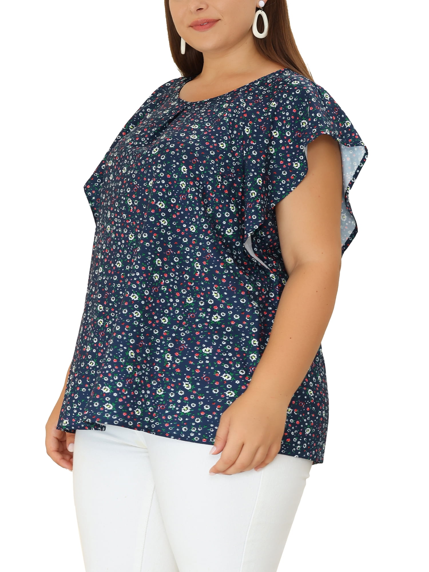 Unique Bargains Women's Plus Size Outfits Flare Short Sleeve Polka Dots Chiffon Blouse
