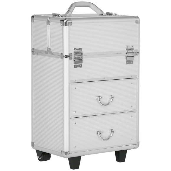 HOMCOM Rolling Makeup Train Case Traveling Cart w/ Swivel Wheel Silver