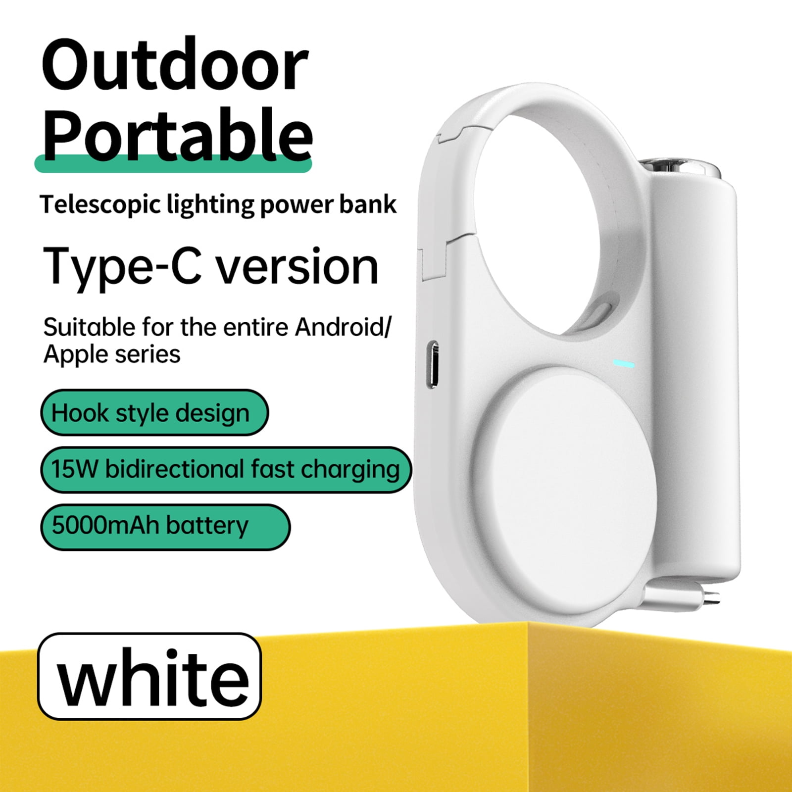 Outdoor Charging Adapter 5000mAh Power Supply Retractable Cable LED Light and Clip for Hiking and Travel