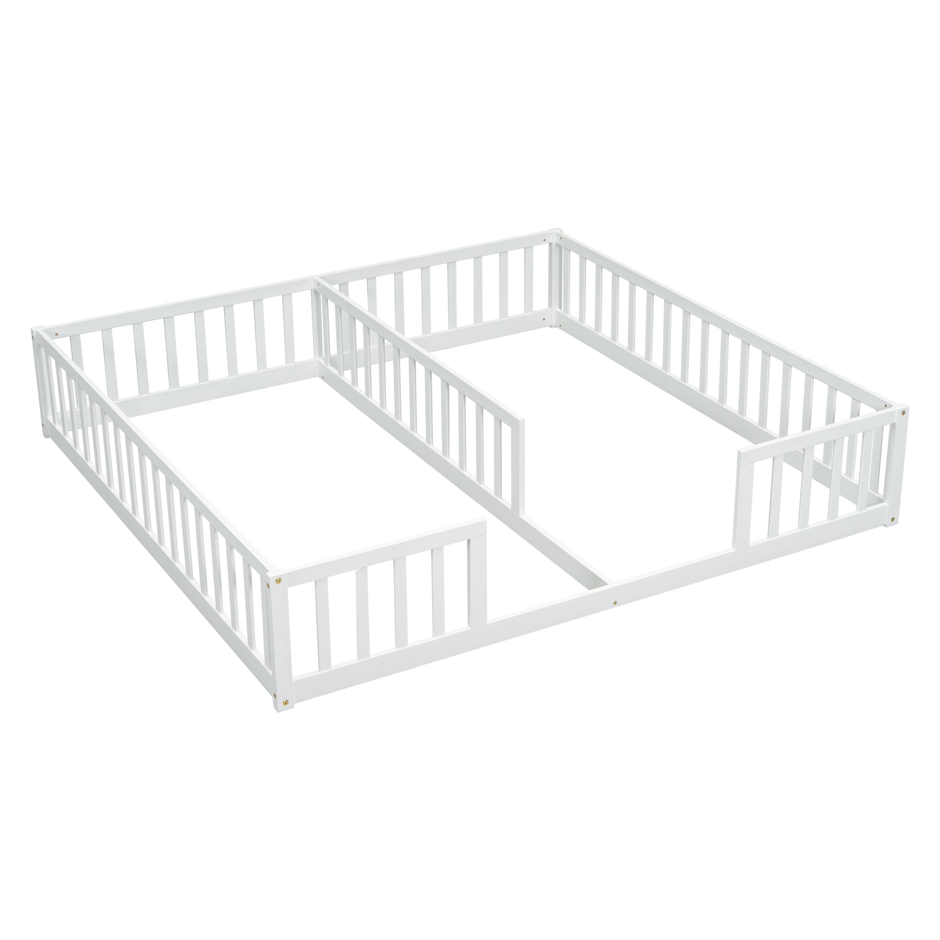 Euroco Wood Double Twin Size Bed, 2 Floor Beds in One with Guardrails, White