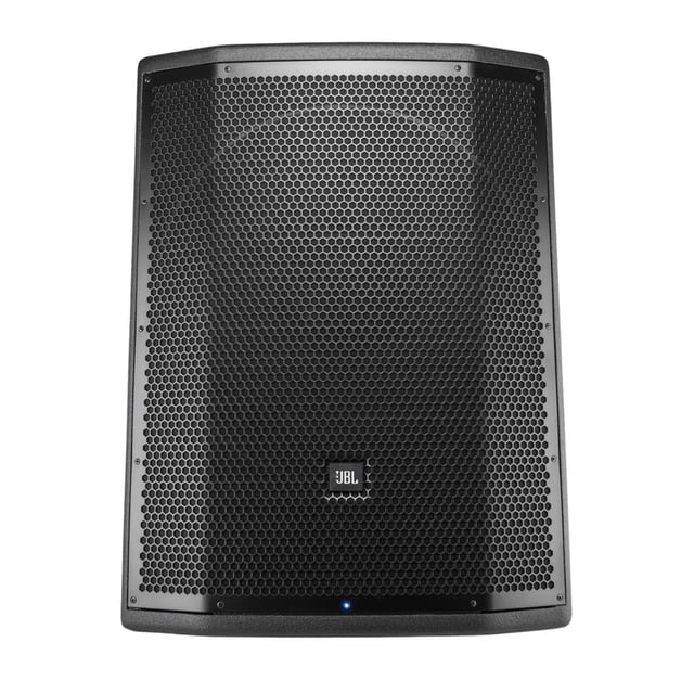 subwoofer amplificado 1500w clase d jbl prx818xlfw negro, vista frontal centrada de carcasa Bassreflex de 18" con parrilla perforada hexagonal y logo JBL en el centro; luz LED azul en la base y perfil trapezoidal que muestra el woofer de 18" interno, con Wi‑Fi y DSP integrado, apto para refuerzo de bajos en sistemas PA.