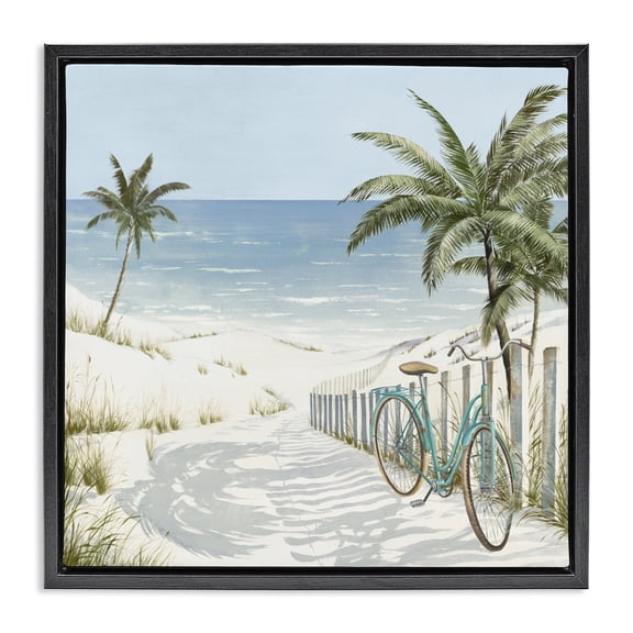 Stupell Industries Tropical Beach Bike Coastal Scene Black Floating Frame Canvas Art, 18 x 18, by Lorenzo Collective