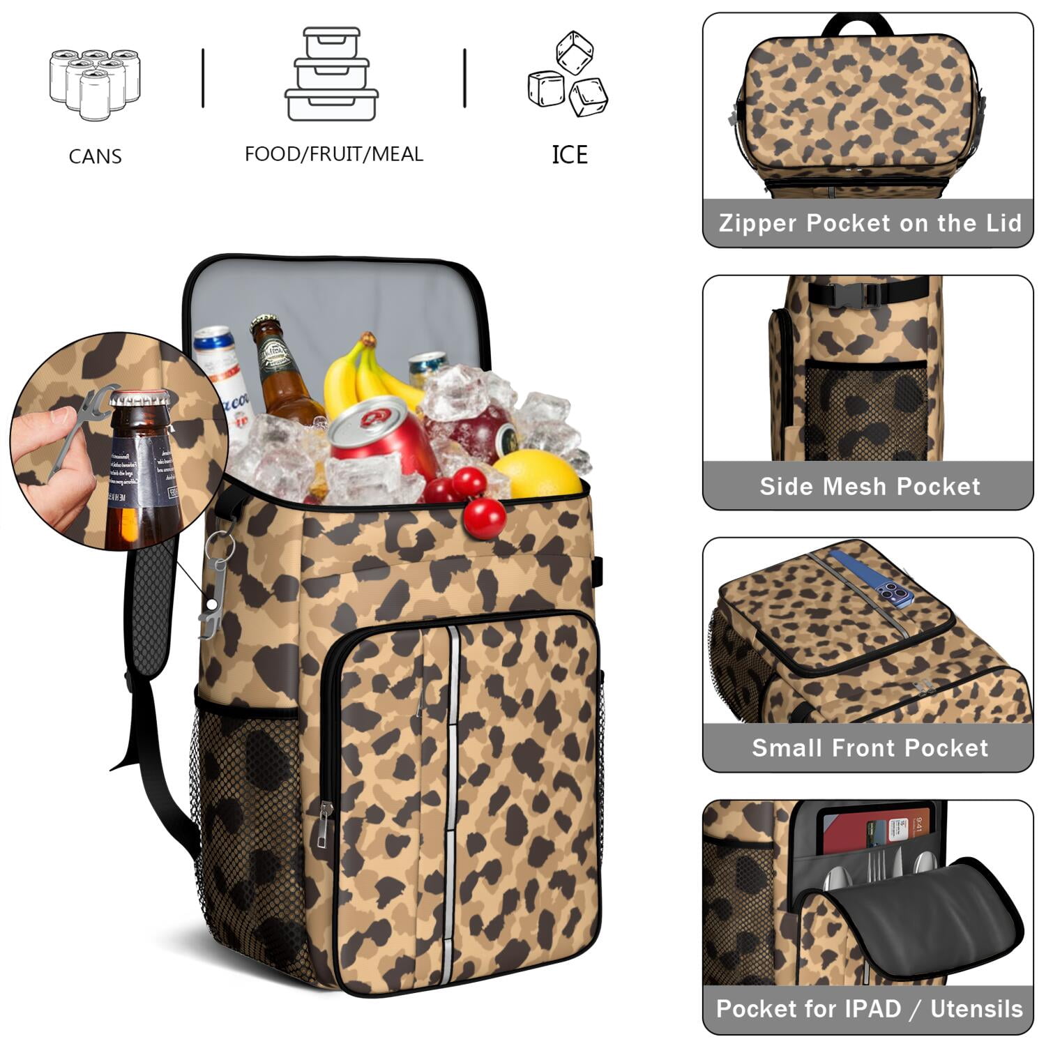 Travel Cooler Bag - Beige and Black Leopard Pattern Camping Beer Cooler Backpack with Bottle Opener- Waterproof Insulated Picnic Backpacks - Cooler Bag for Beach