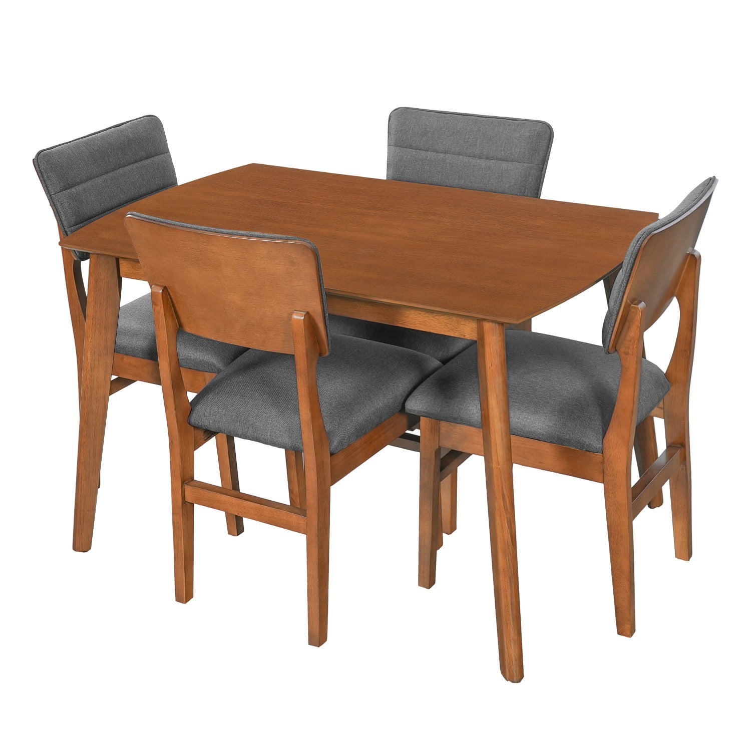 Farmhouse Dining Table Set for 4, Wood Kitchen Table with Upholstered Chairs, Rubberwood Frame, Padded Seats & Curved Backrests, Space-Saving Dinette Set for Dining Room, Brown & Gray