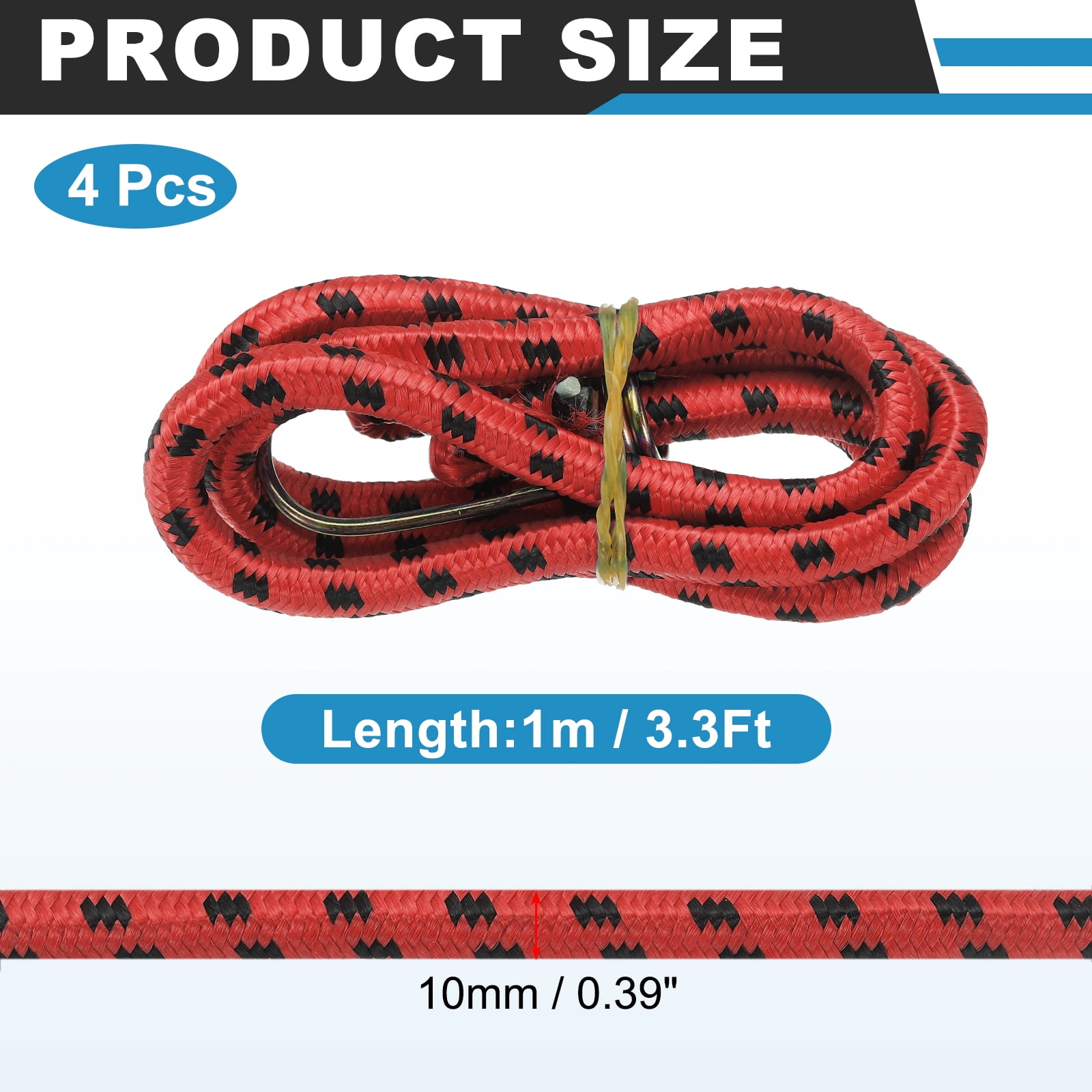 Uxcell 3/8" x 3.3ft Marine Grade Bungee Cord with Hooks, 4Pcs Rubber Heavy Duty Outdoor Elastic Straps Kayak Stretch String Rope for Securing Luggage Moving Cargo, Red