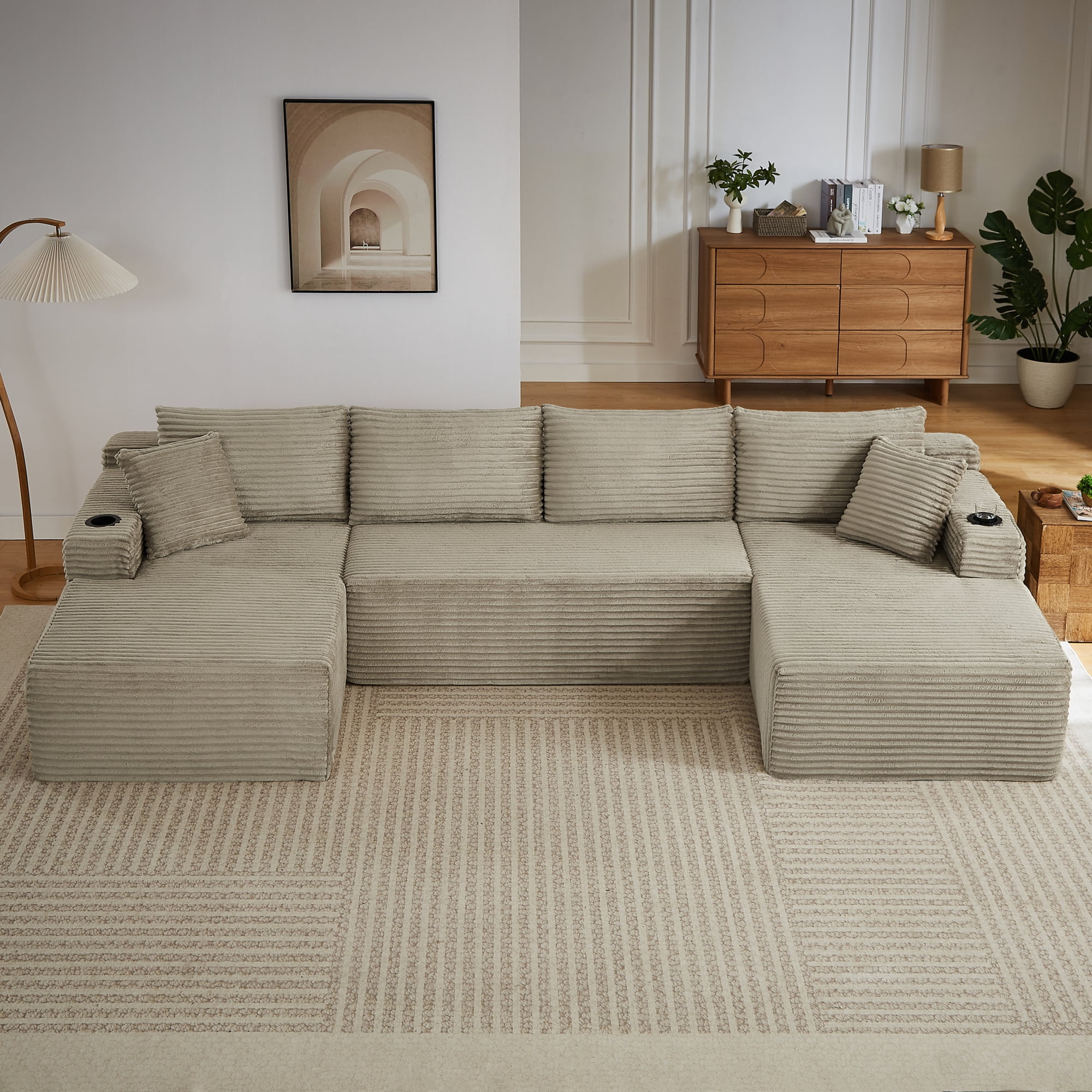 Leumius 133" Oversized Boneless Sectional Couches for Living Room,Modern Corduroy U Shaped Modular Sectional Sofa with Deep Seat,6-Seat Cloud Couch with Cupholders and Side Pockets,No Assembly,Camel
