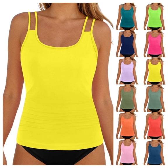 Gpoecd Plus Size Tankini Top Classic Comfortable Two Piece High Waisted Swimwear Top with Swim Shorts Swimsuit Tops 02_Yellow,M