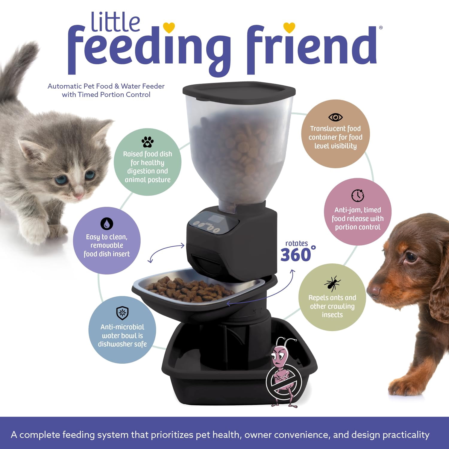 Feeding Friend® Automatic Dog & Cat Food Feeder with Water Dispenser Smart Pet Feeder with Portion Control, OLED Display, Anti Jam Design, Battery Operated Dispenser for Small XS  4-15 lbs Pets Black