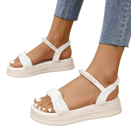 

ZIZOCWA Elegant Ladies Sandals 2023 New Summer Pu Leather Pearl Roman Sandals Casual Elastic Band Flat Platform Sandalias for Women White Size7.5