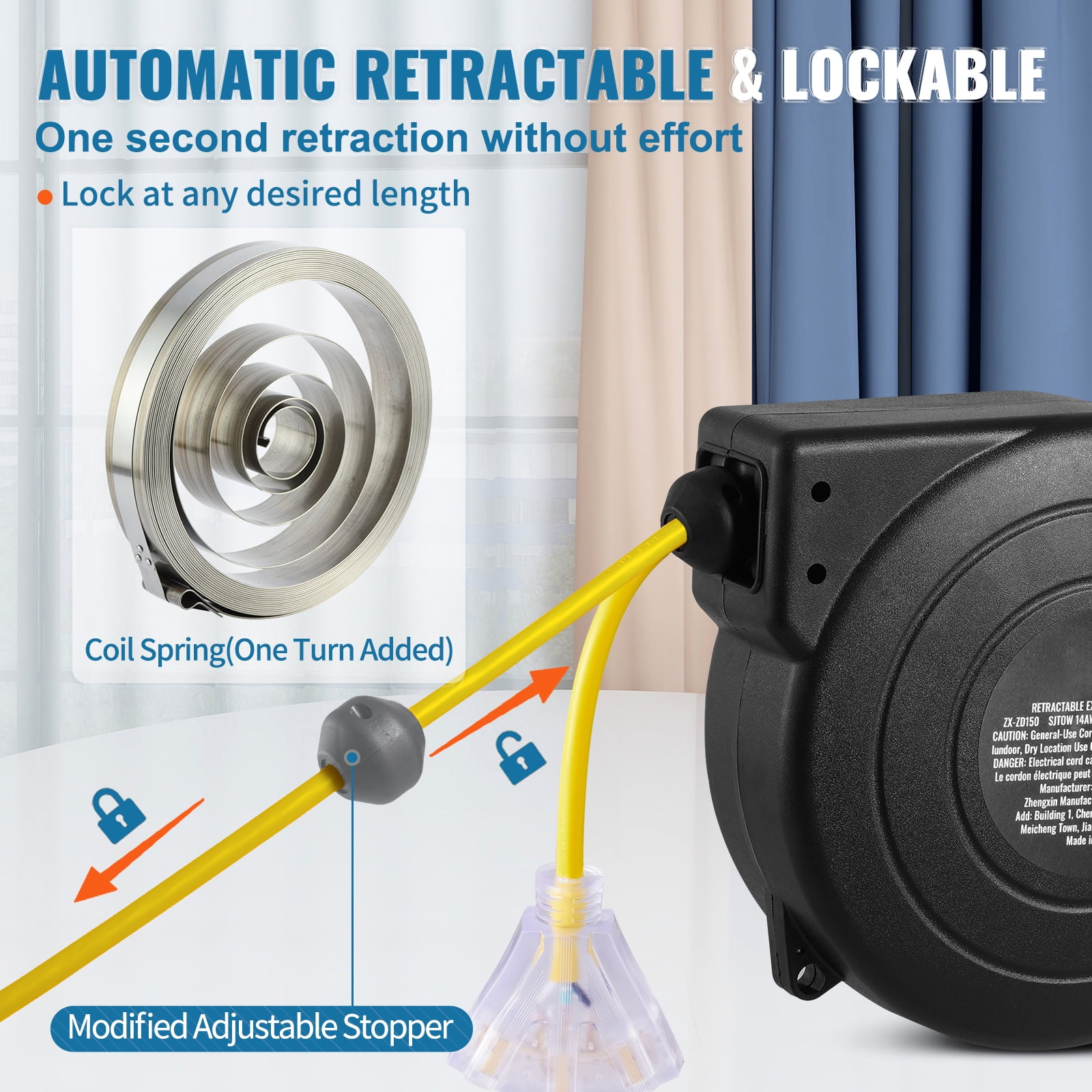 KFFKFF Pull-Out Power Cable Reel,50 FT,Robust 14AWG/3C SJTOW Retractable Electrical Wire with Illuminated Triple Tap Outlet,13 Amp Circuit Breaker 180° Pivoting Bracket for Ceiling or Wall Attachment