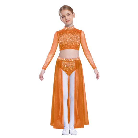 TiaoBug Modern Dance Dress for Girls Shiny Rhinestone Long Sleeve Crop Top with Skirt Lyrical Dance Outfits Orange 10
