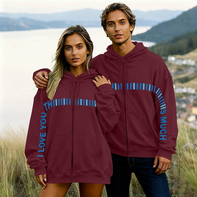 TaTaai Valentine's Day Unisex Hooded Sweatshirt, Long Sleeve Zip Up Printed Pullover, Casual Couples Wear Gift