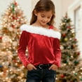 thumbnail image 5 of UQJfacai Girls Off The Shoulder Velvet Tops Kids Faux Fur Trim Long Sleeve Shirts Fall Winter Party Holiday Blouse Tee 4-14 Years, 5 of 7