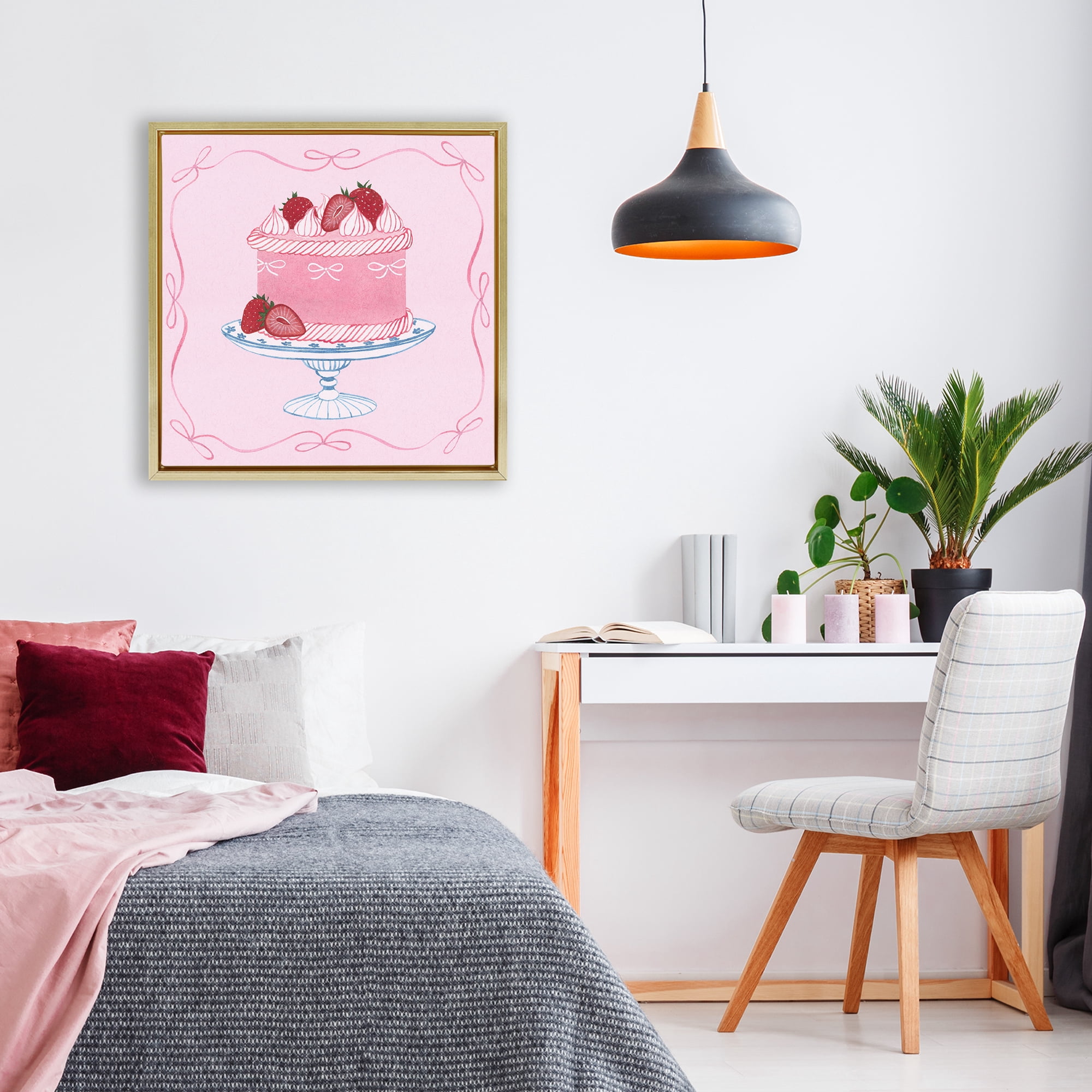 Stupell Industries Pink Strawberry Cake Gold Framed Floater Canvas Wall Art, design by Grace Popp