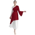 thumbnail image 4 of YiZYiF Women's Praise Dance Dress One Shoulder Flared Sleeve High Low Hem Church Worship Overlay Tunics Burgundy L, 4 of 7