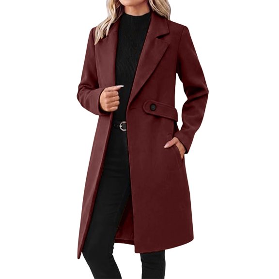 uublik Womens Trench Coat Wine Notch Lapel Single-Breasted Business Casual Peacoat Trendy Clothes