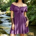 thumbnail image 5 of KICILVS Womens Witch Costumes Adult Plain Off Shoulder Short Sleeve Corset Lace Up Waist Pleated Mini Party Dress Purple, 5 of 7