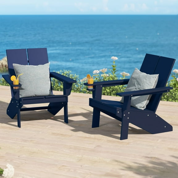 WestinTrends Riviera Outdoor HDPE Modern Adirondack Chair with Cup Holder (Set of 2), Navy Blue