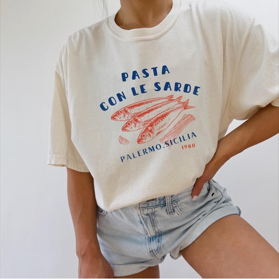 Sicily Sardine Shirt Tomato Girl Summer Tinned Fish Italian Pasta Dishes Sicilian Ocean Inspired Style Italian Theme Coastal Aesthetic, Unisex Cotton T-Shirt, Sizes S-3XL