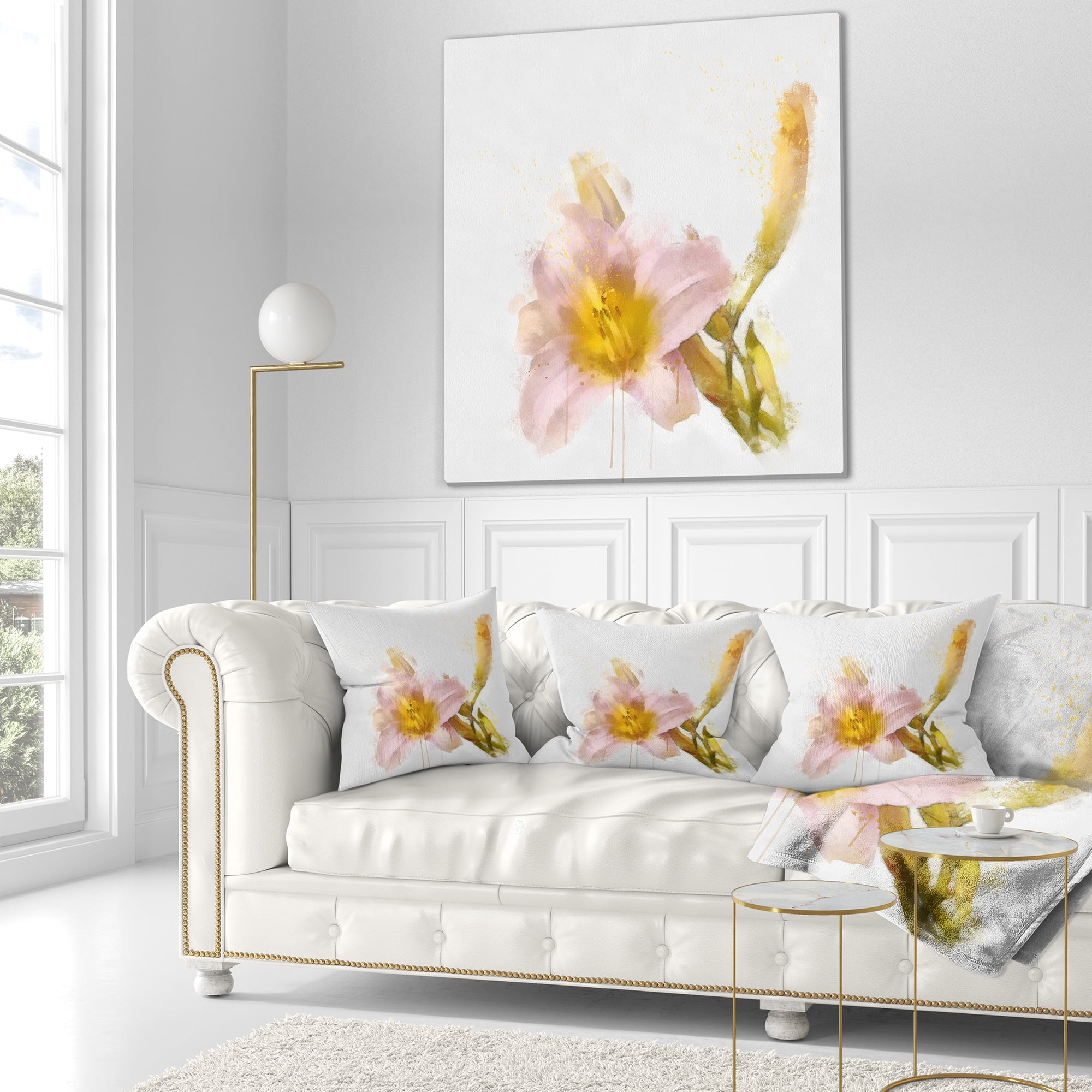 Designart Watercolor Lily with Color Splashes - Floral Throw Pillow - 18x18