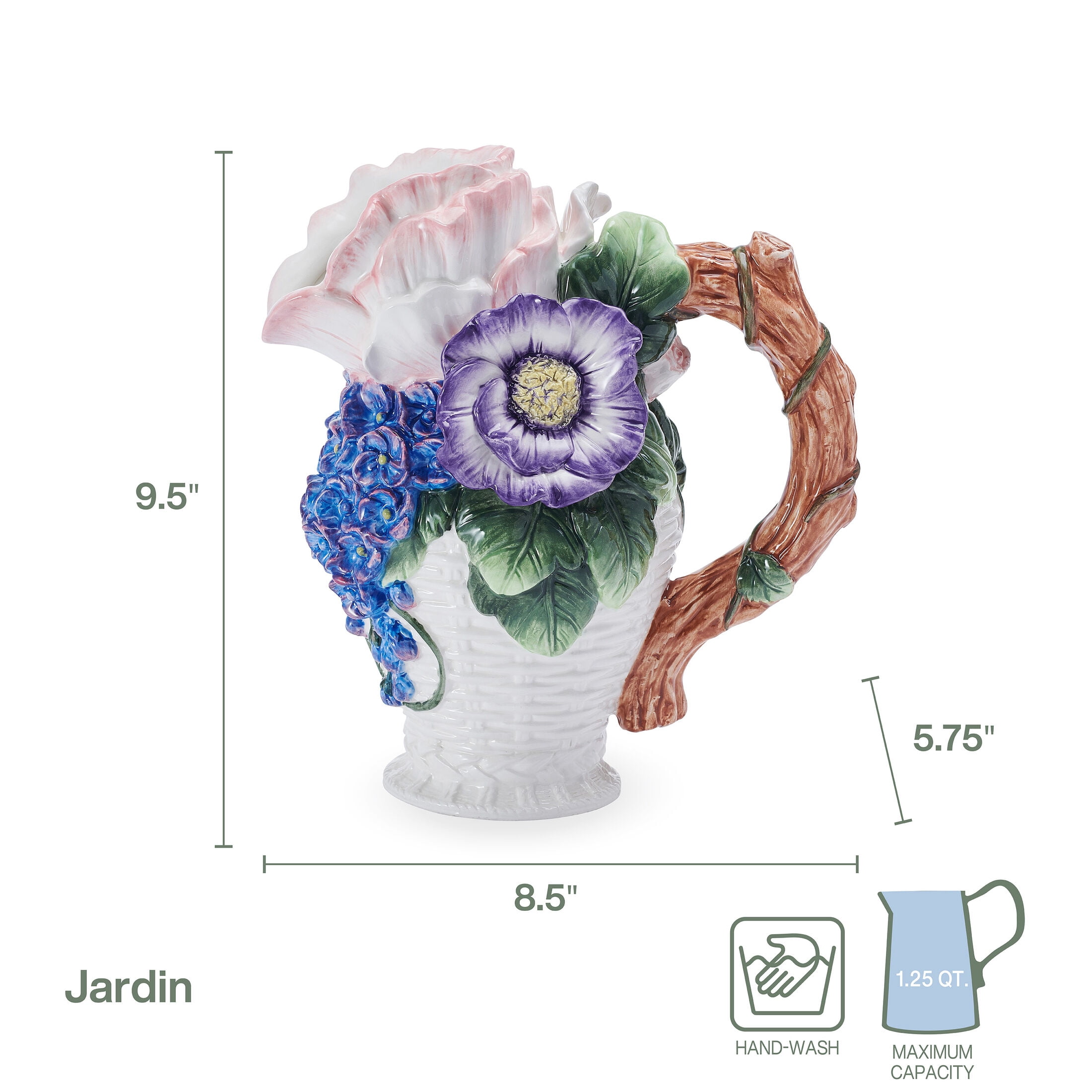Fitz and Floyd Jardin Bouquet Flower 9 1/2 in Pitcher